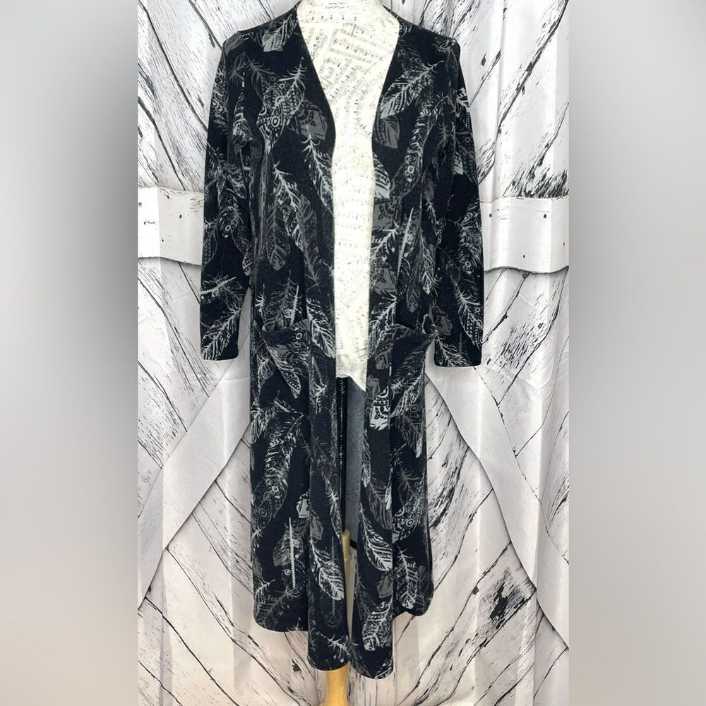 LULAROE Duster Kimono Cardigan Black W/Feather Print M